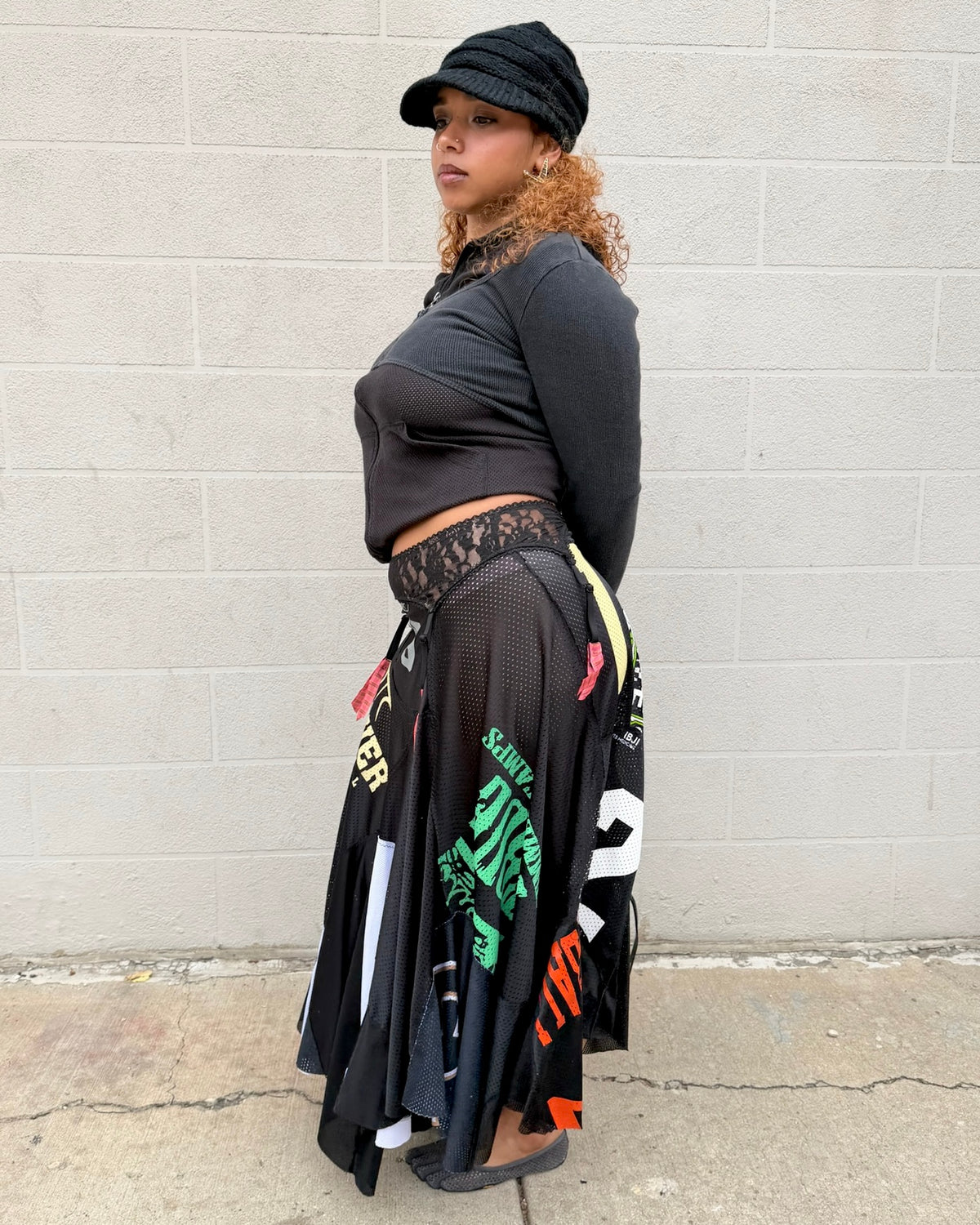 1-of-1 Black / Multi-Color Patchwork Jersey Skirt (L)