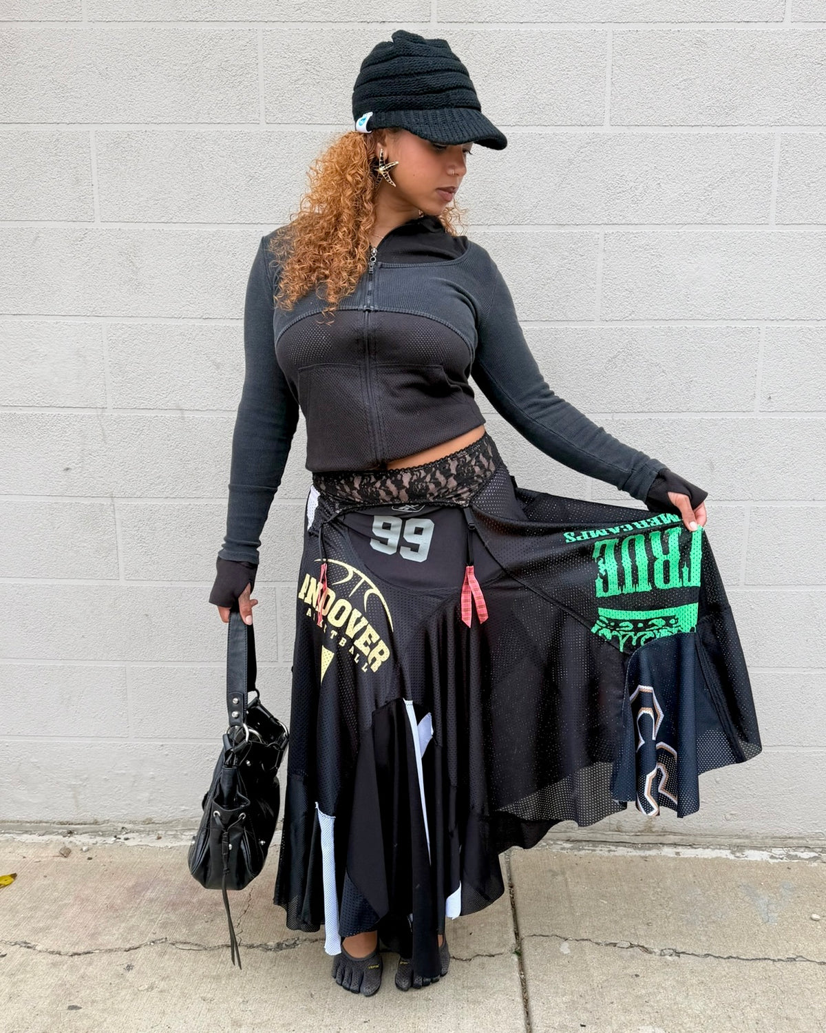 1-of-1 Black / Multi-Color Patchwork Jersey Skirt (L)