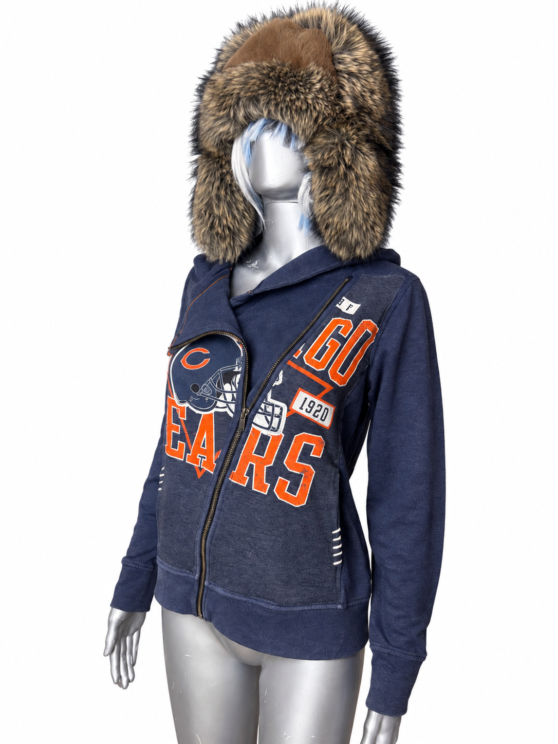 UPCYCLED CHICAGO BEARS ASYMMETRICAL ZIP HOODIE (M)