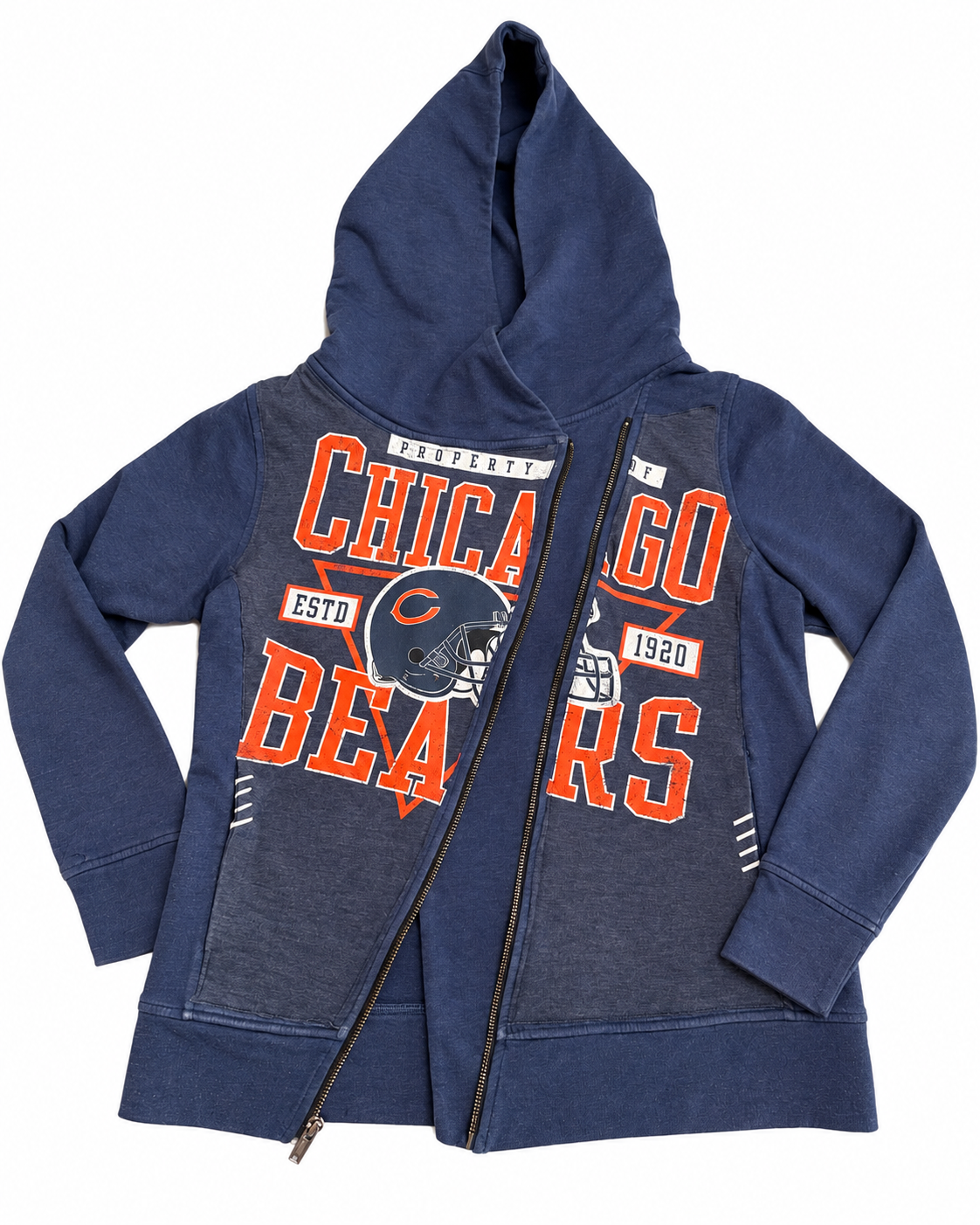UPCYCLED CHICAGO BEARS ASYMMETRICAL ZIP HOODIE (M)